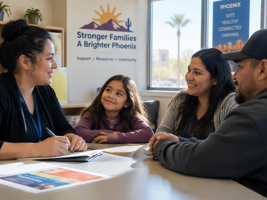 A caseworker talking with a family at a community center